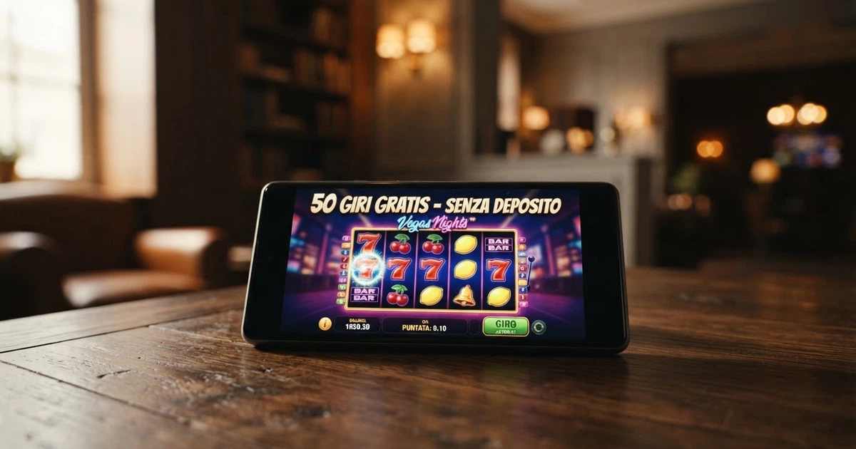 Primo piano di uno smartphone con la schermata di un casinò online che mostra «50 Free Spins» e il simbolo di una slot machine colorata, su uno sfondo scuro con il logo ADM visibile in trasparenza