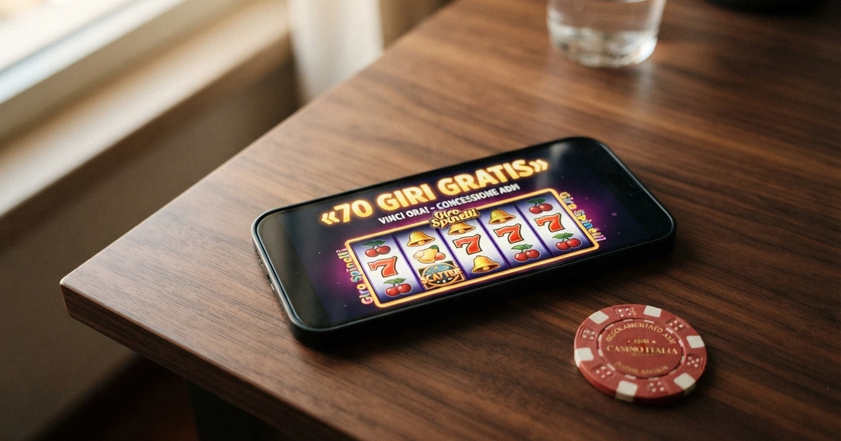Uno schermo di smartphone che mostra una slot machine colorata con la scritta «Giri Gratis» in evidenza e il simbolo di un regalo