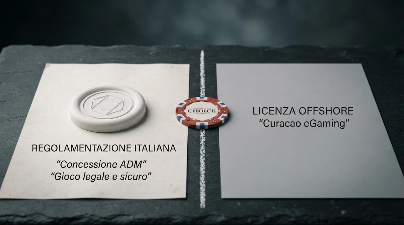 Il logo dell'Agenzia delle Dogane e dei Monopoli accanto al simbolo di una licenza di gioco offshore, separati da una linea di confronto