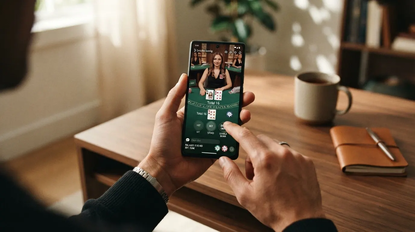 Uno smartphone che mostra l'interfaccia di un casinò live mobile con un tavolo blackjack VIP attivo, tenuto in mano in un contesto quotidiano.