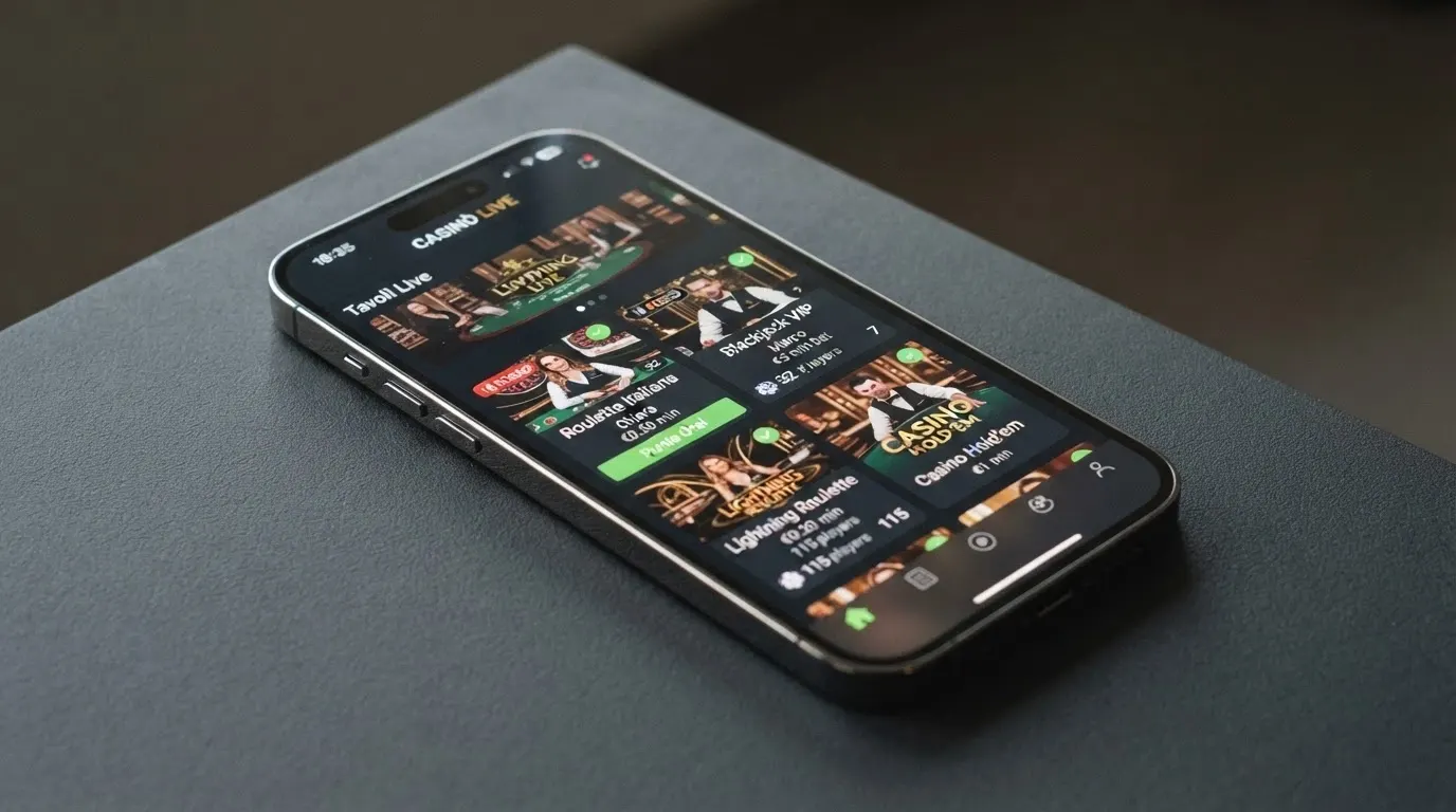 Schermata di un'app di casinò live su smartphone con interfaccia in italiano e lobby dei tavoli