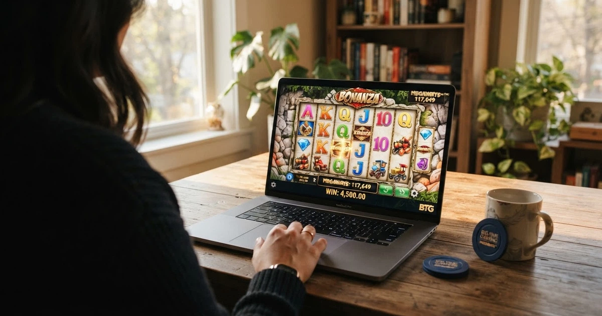 L'interfaccia di una slot Big Time Gaming con la griglia Megaways a rulli variabili sullo schermo di un computer portatile, con i simboli colorati e il contatore delle combinazioni
