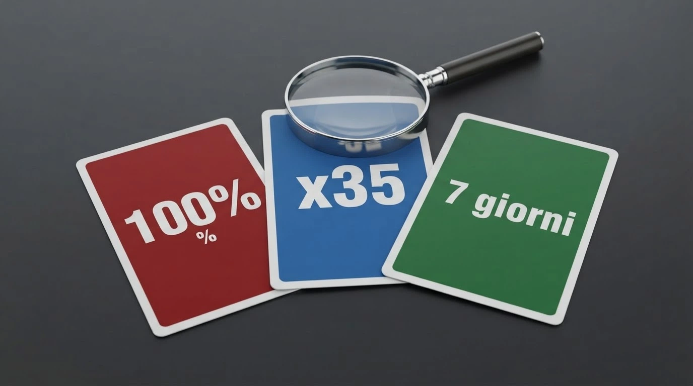 Tre carte da gioco disposte a ventaglio con su scritti i numeri chiave di un bonus: 100%, x35, 7 giorni, con una lente di ingrandimento posata sulla carta del wagering