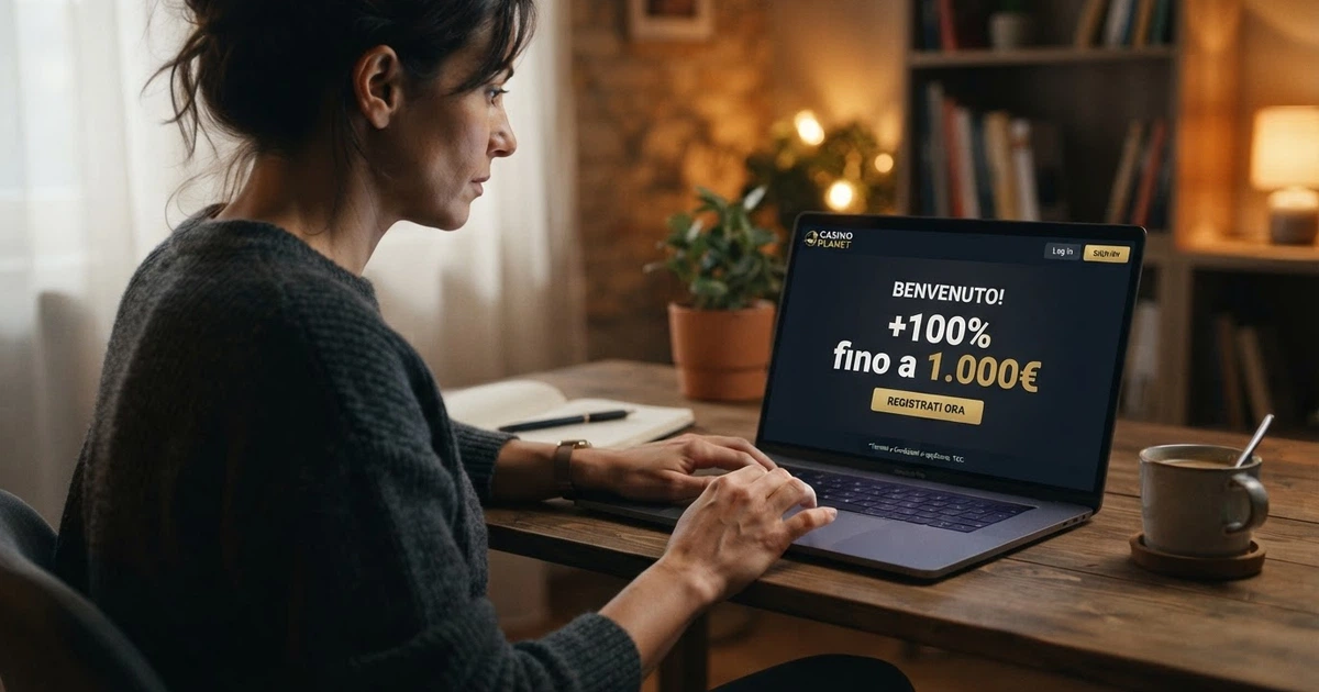 Un giocatore adulto siede davanti al portatile con la schermata di benvenuto di un casinò online che mostra un riquadro «+100% fino a 1.000€» e in piccolo le condizioni di rollover.