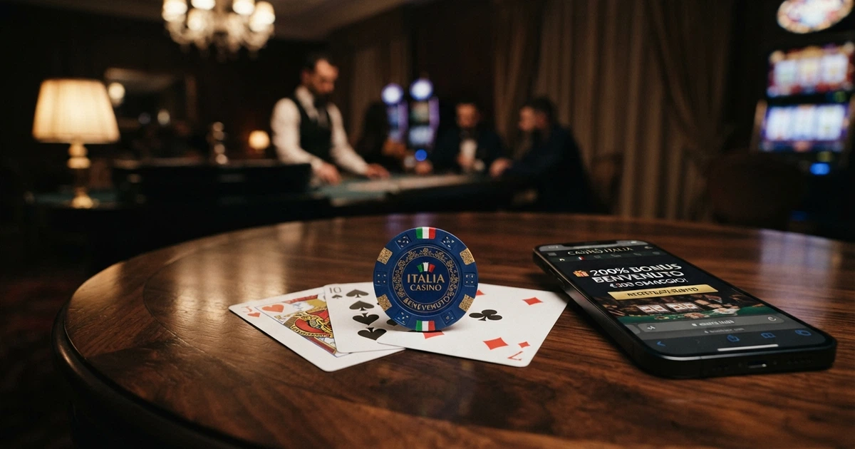 Un tavolo da casinò online con fiches, carte e l'indicazione «200% bonus di benvenuto» in sovrimpressione su sfondo scuro elegante