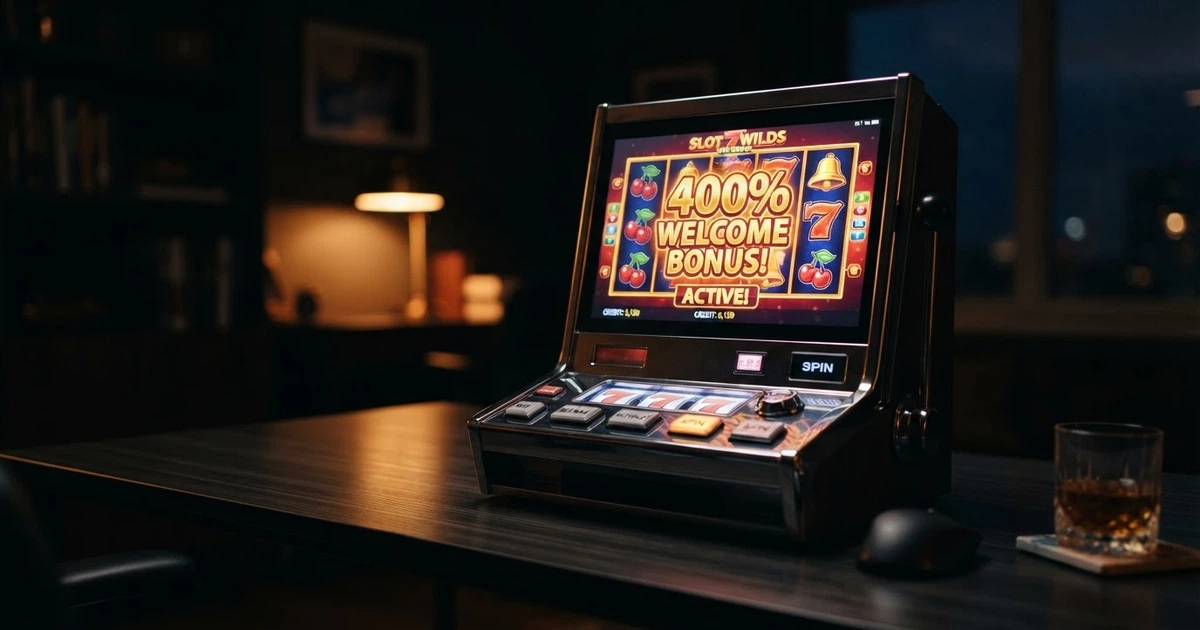 Primo piano di una slot machine online con un'indicazione grafica di bonus del 400% in sovrimpressione, su sfondo scuro