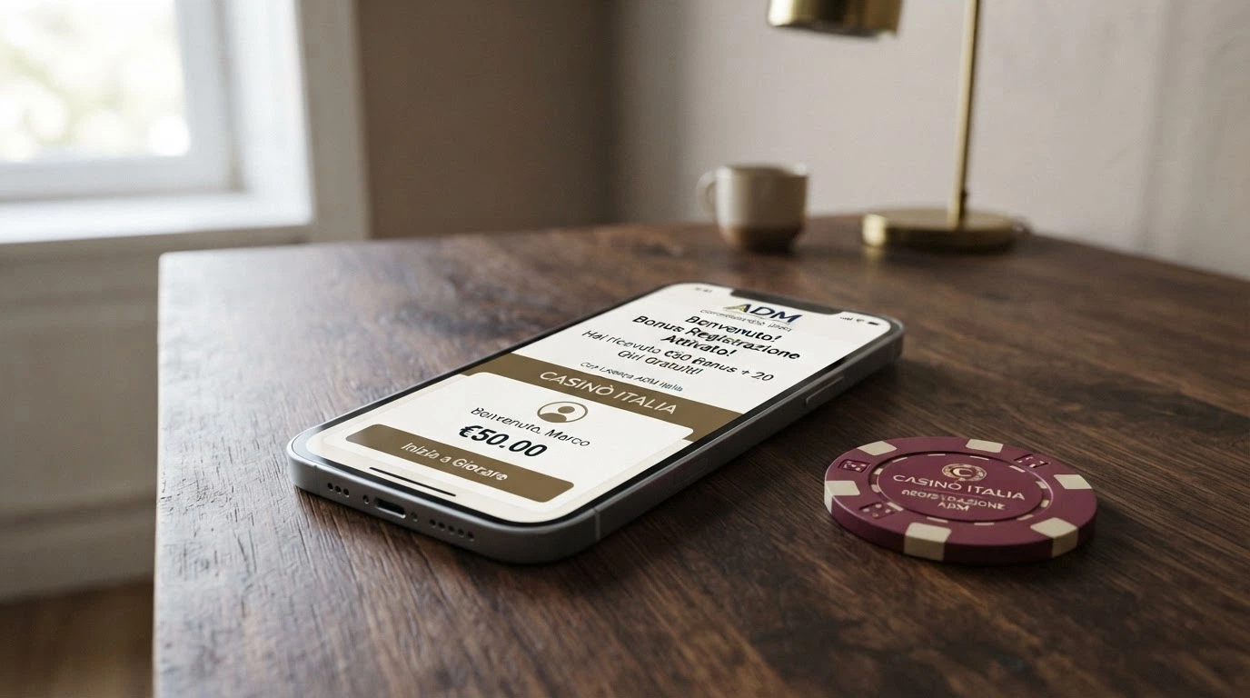 Una schermata di un casinò online ADM che mostra l'area promozioni con l'importo del bonus senza deposito accreditato dopo la convalida del documento