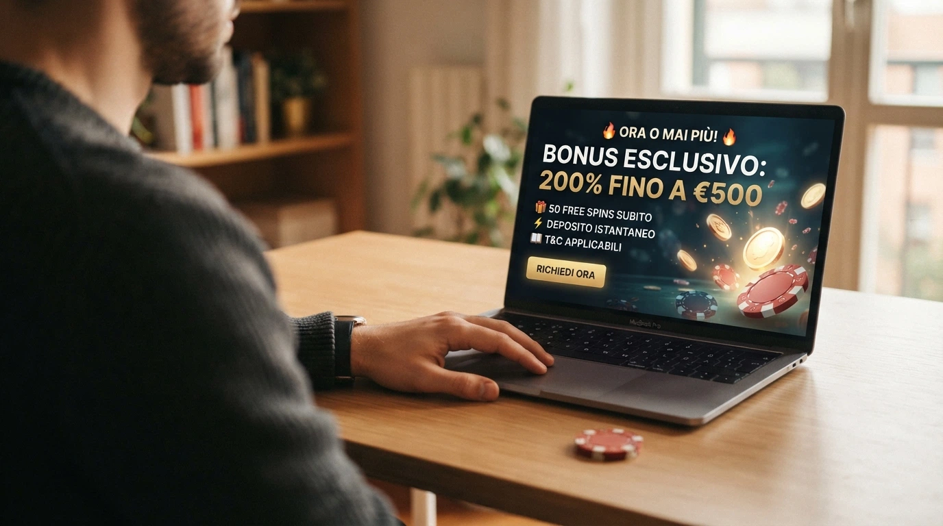Schermata promozionale di un casinò online con la scritta del bonus di benvenuto e le condizioni in piccolo