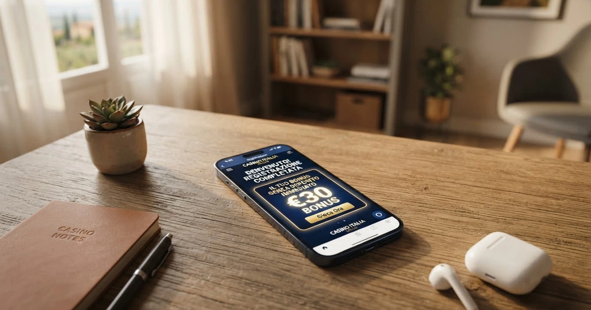 Un giocatore che completa la registrazione su un casino online, con il simbolo del bonus che appare sullo schermo.