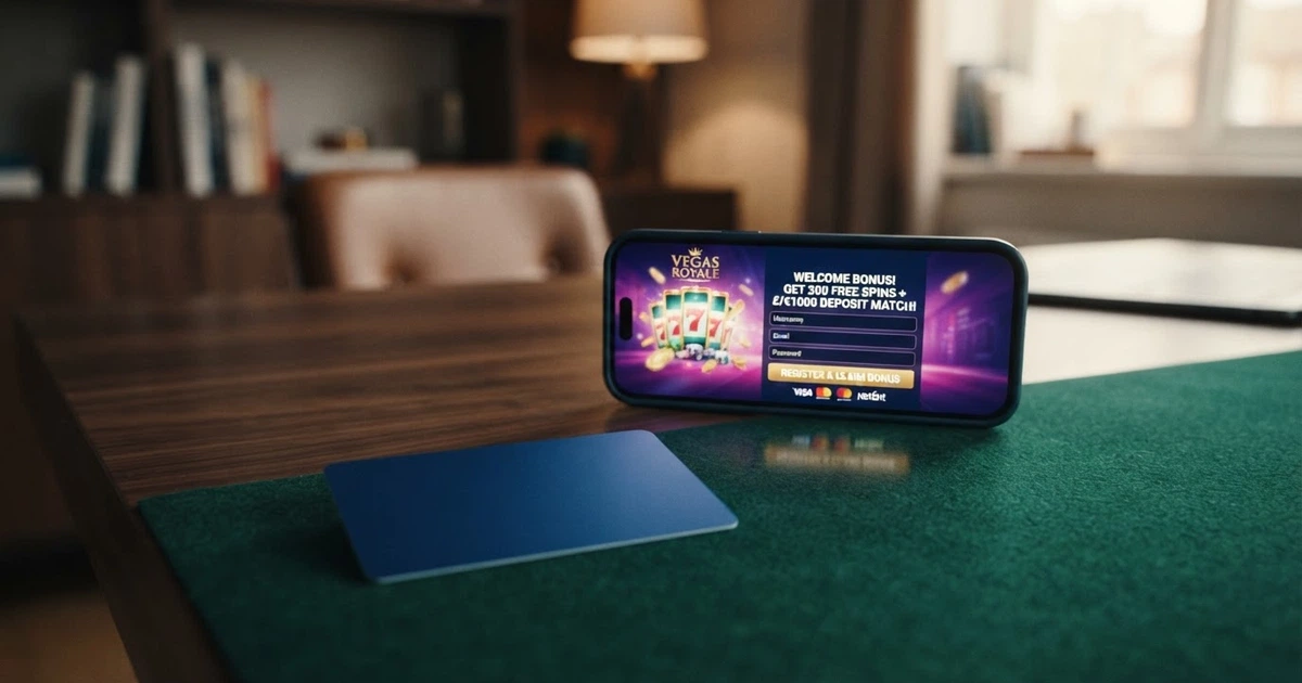 Un tavolo da gioco virtuale con una carta bonus in primo piano e l'interfaccia di registrazione di un casinò online sullo sfondo