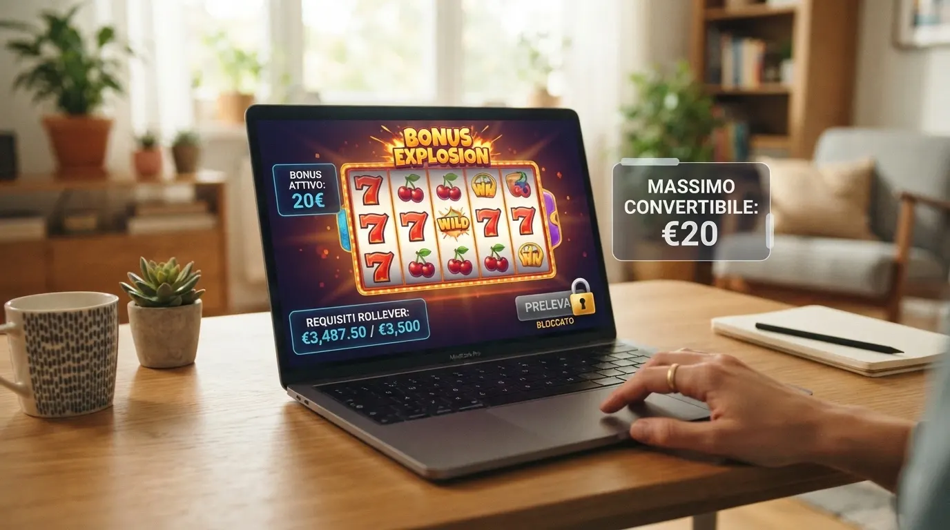 Una slot machine stilizzata con un contatore che mostra il rollover da completare (es. 3.500€) e un lucchetto sul pulsante «Preleva», con una piccola finestra che indica il cap di 20€