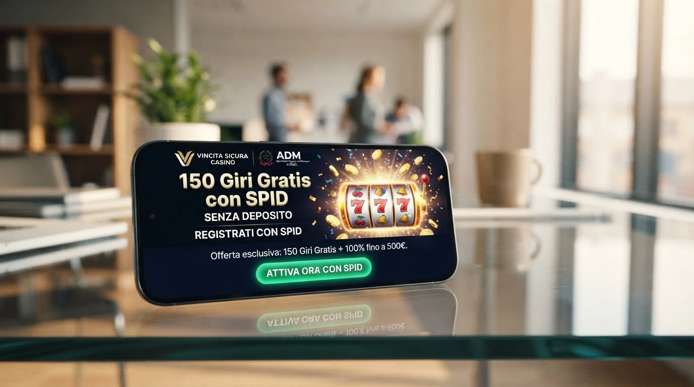 La schermata promozionale di un casinò ADM che mostra un'offerta di free spin e bonus senza deposito attivabile con la sola registrazione SPID, senza deposito richiesto