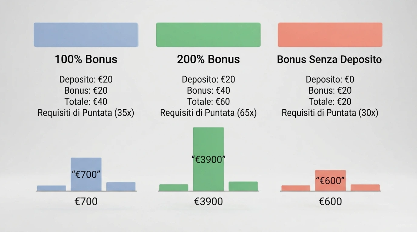 Tre colonne affiancate che mostrano lo stesso deposito di 20€ con tre bonus diversi: 100% match con 35x, 200% match con 65x e 20€ senza deposito con 30x, con il costo reale calcolato sotto ciascuna