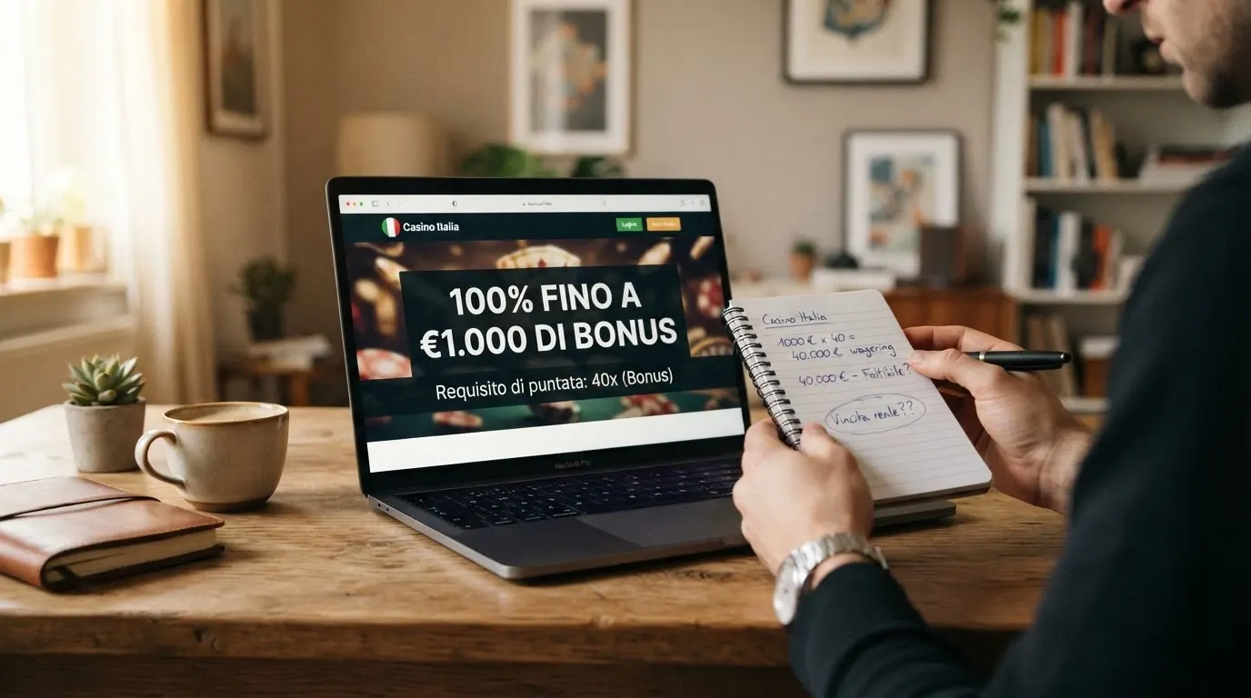 Primo piano di una schermata promozionale con la cifra del bonus in grande evidenza e, sotto, il requisito di puntata in caratteri più piccoli