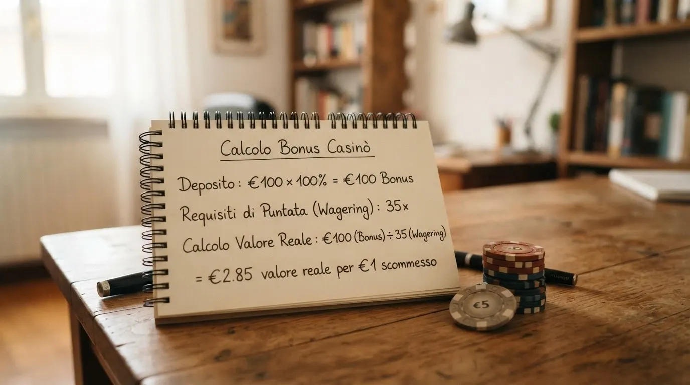Una calcolatrice accanto a una pila di fiches da 1€ e un foglio con la scritta «deposito × percentuale ÷ wagering»