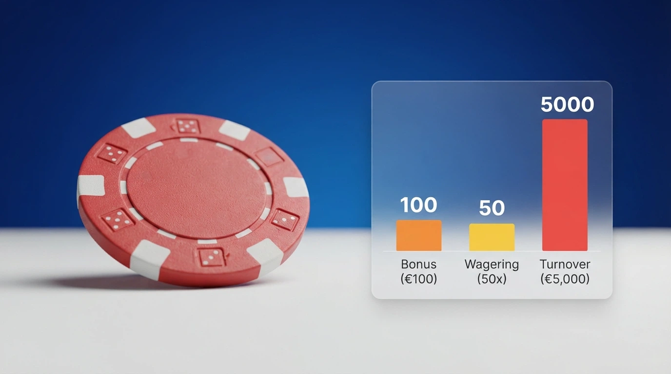 Una calcolatrice accanto al riepilogo dei termini di un bonus casinò: wagering, scadenza e importo massimo prelevabile