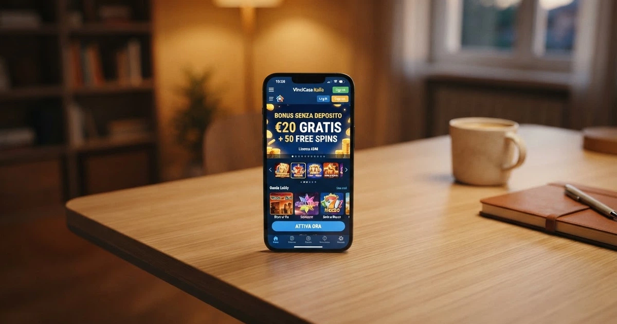 Una schermata di un casino online con licenza ADM che mostra un riquadro promozionale con la dicitura «Bonus senza deposito» e il pulsante di attivazione
