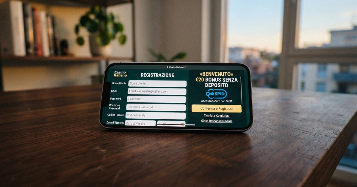 Un primo piano di uno smartphone che mostra la schermata di registrazione di un casinò online con un riquadro che evidenzia la dicitura «bonus senza deposito» accanto al simbolo del lucchetto SPID.
