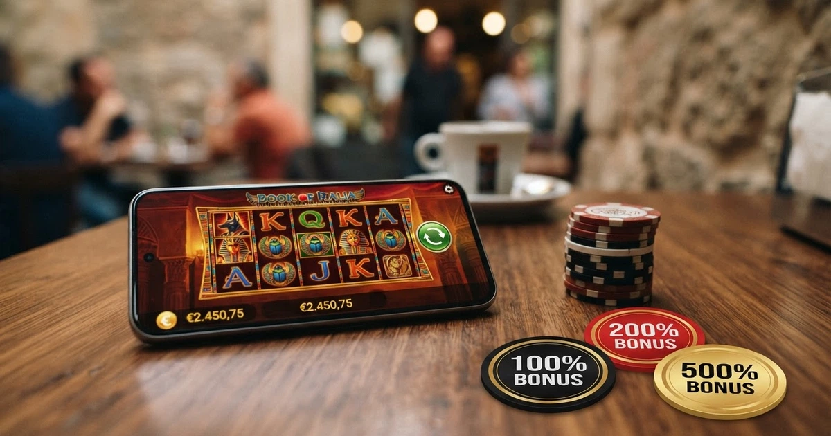 Un tavolo da gioco con fiches e un telefono che mostra la schermata di un casinò online, affiancato da tre badge con le percentuali 100%, 200% e 500%