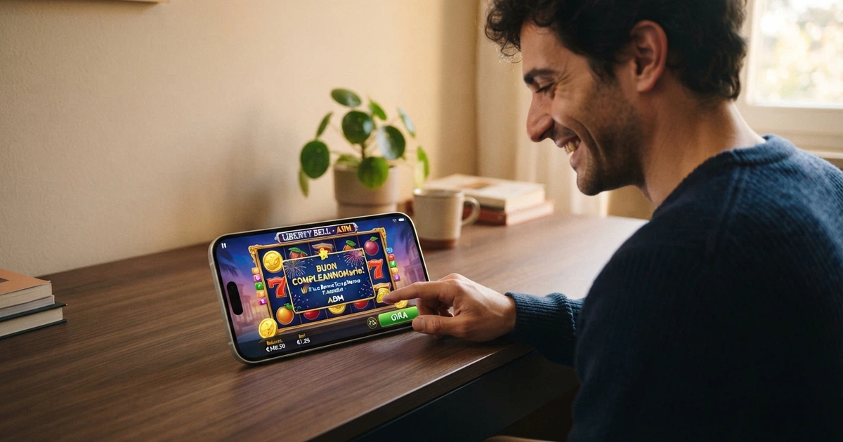 Un giocatore sorridente davanti allo schermo di un computer, con una notifica di auguri di compleanno e un pannello di gioco di una slot online sullo sfondo