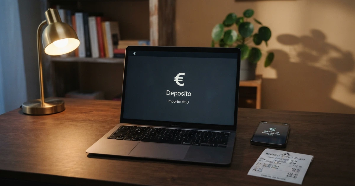 Un laptop aperto sulla pagina di ricarica di un casinò online, con un telefono appoggiato accanto e una ricevuta di punto vendita visibile
