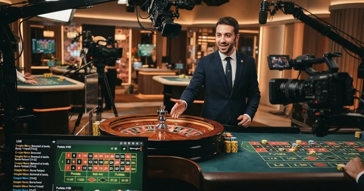 Un croupier in piedi dietro un tavolo da roulette live in uno studio professionale, con telecamere HD disposte su più angolazioni e un monitor che mostra l'interfaccia di gioco con le puntate dei giocatori