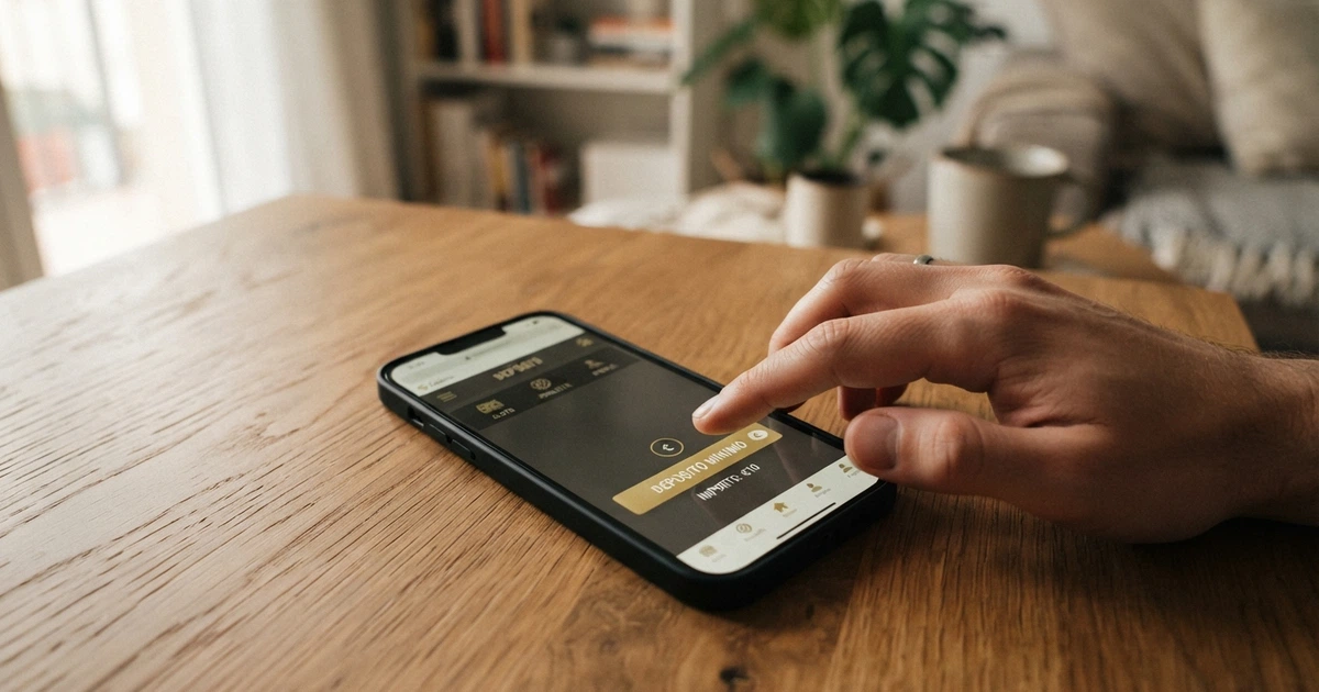 Un telefono con la schermata di un casinò online che mostra una cifra irrisoria accanto alla scritta «deposito minimo»