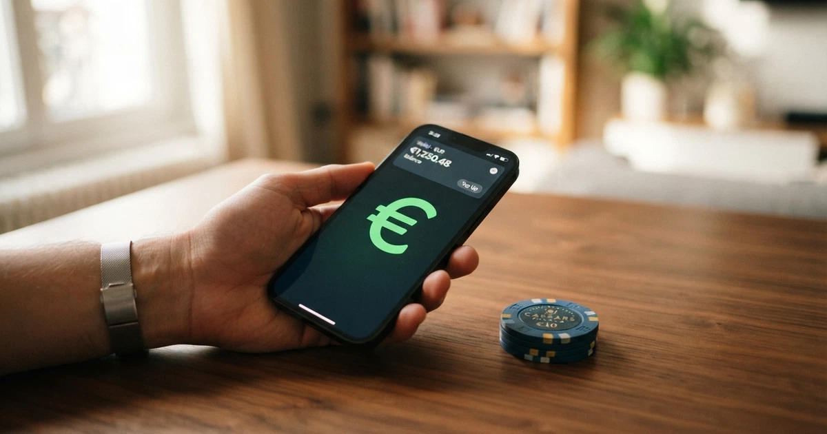 Un telefono con la schermata di deposito di un casinò online che mostra l'opzione di ricarica da 10 euro, accanto a una carta di pagamento e un lucchetto verde