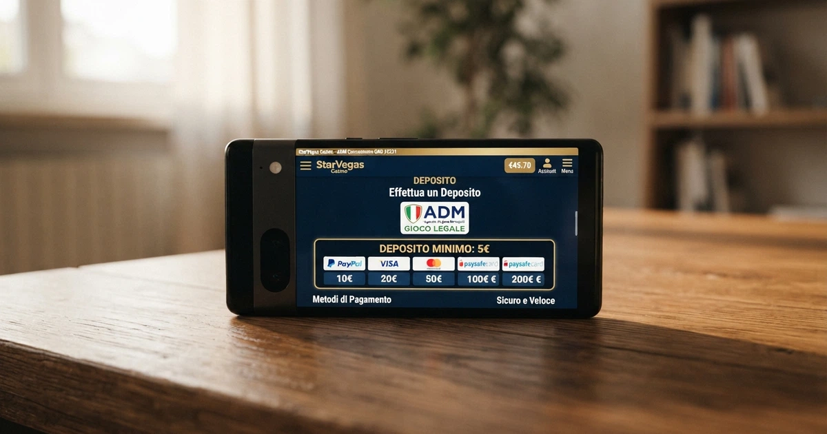 Interfaccia di un casino online con licenza ADM che mostra le opzioni di deposito e la soglia minima