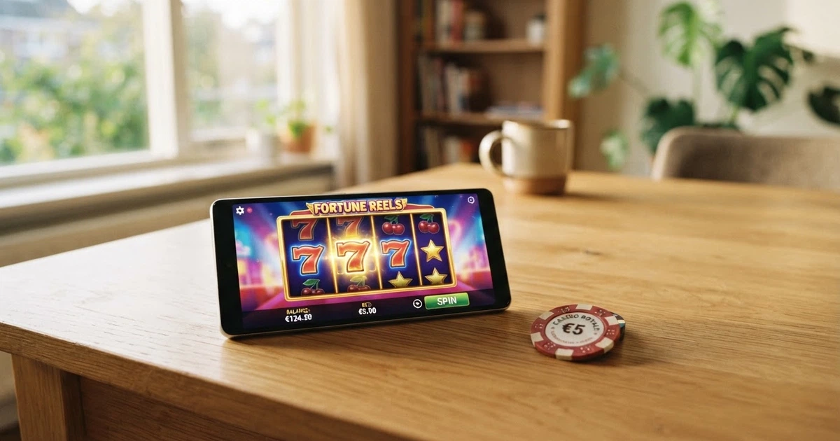 Un tavolo da gioco virtuale su smartphone accanto a una moneta da 5 euro appoggiata sullo schermo, in un ambiente domestico luminoso