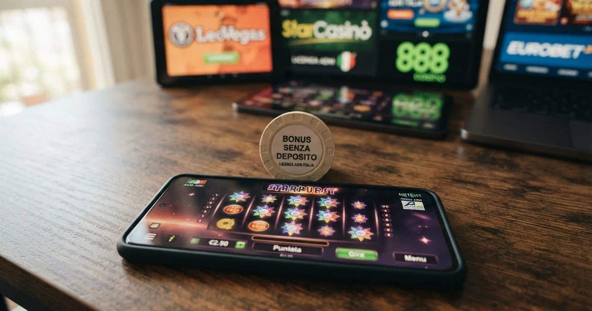 Dieci schermate di casinò online con licenza ADM affiancate, in primo piano un badge con la dicitura bonus senza deposito