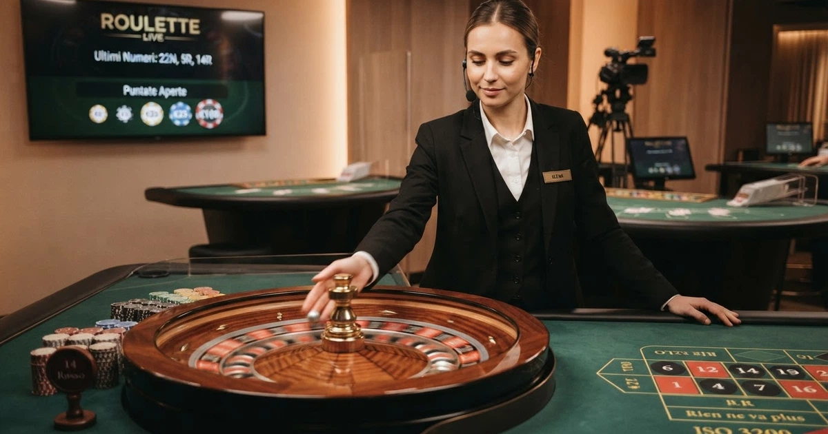 Un croupier dal vivo inquadrato dietro un tavolo da roulette in uno studio professionale, con monitor che mostrano l'interfaccia di gioco e telecamere multi-angolazione visibili sullo sfondo