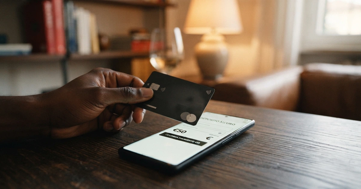 Una carta American Express appoggiata sullo schermo di uno smartphone che mostra la schermata di deposito di un casinò online, con il logo di un e-wallet visibile