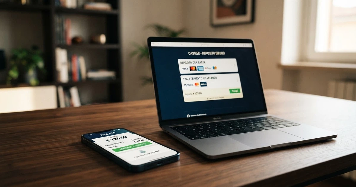 Uno smartphone che mostra l'app Klarna accanto a un laptop con la cassa di un casinò online aperta sulla schermata di deposito