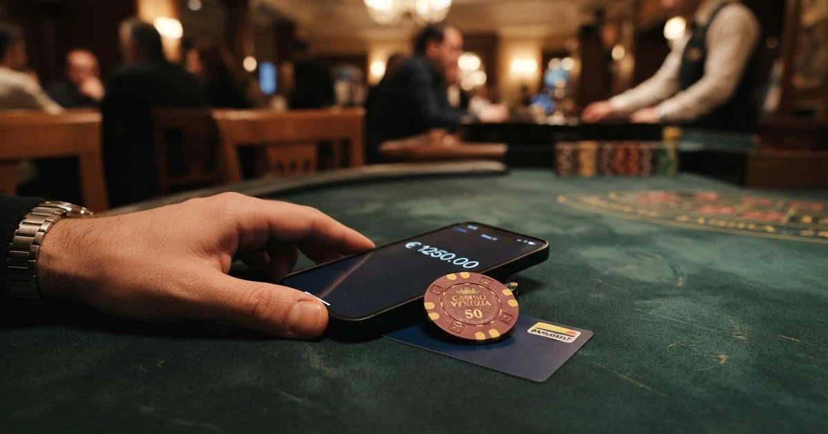 Una carta Mastercard appoggiata su un tavolo da gioco con fiches, affiancata da uno smartphone che mostra la schermata di un casinò online