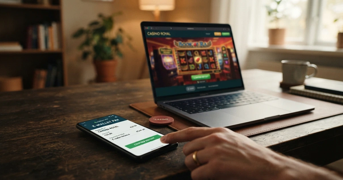 Un telefono con l'interfaccia dell'app Mifinity affiancato a una schermata di deposito su un casinò online