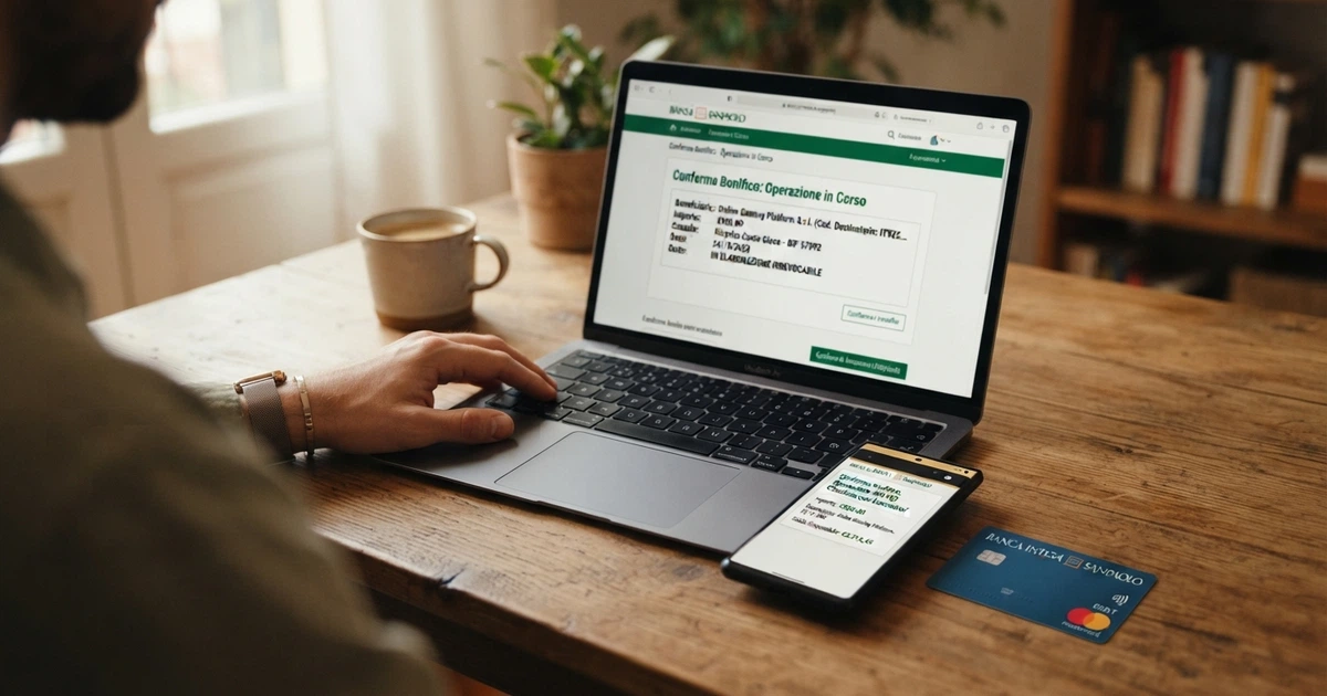 Un telefono e un computer con l'interfaccia di home banking aperta sullo schermo, il logo MyBank visibile, una carta di debito appoggiata sul tavolo
