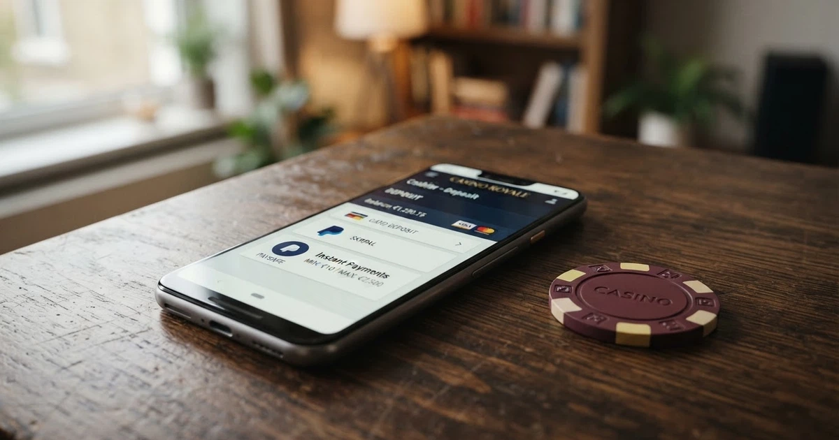 Un telefono con lo schermo che mostra la pagina cassa di un casinò online, con il logo PayPal tra i metodi di pagamento selezionabili e una carta di credito accanto