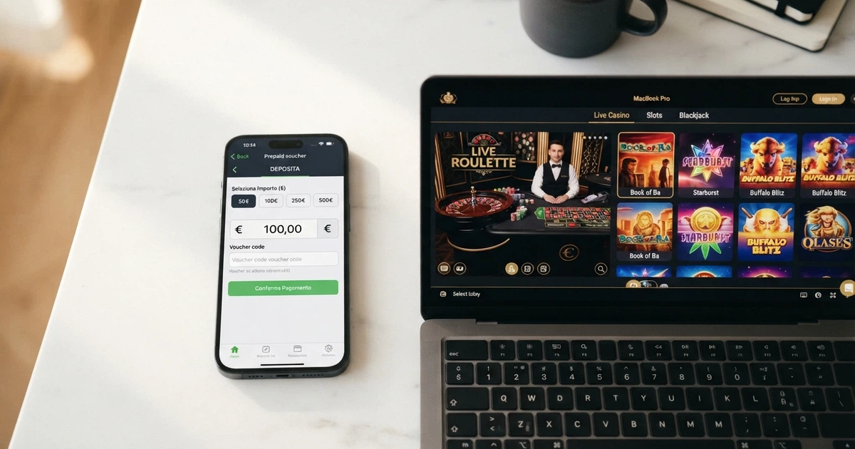 Un telefono con l'app MyPaysafecard aperta accanto alla schermata di deposito di un casinò online, su sfondo bianco pulito