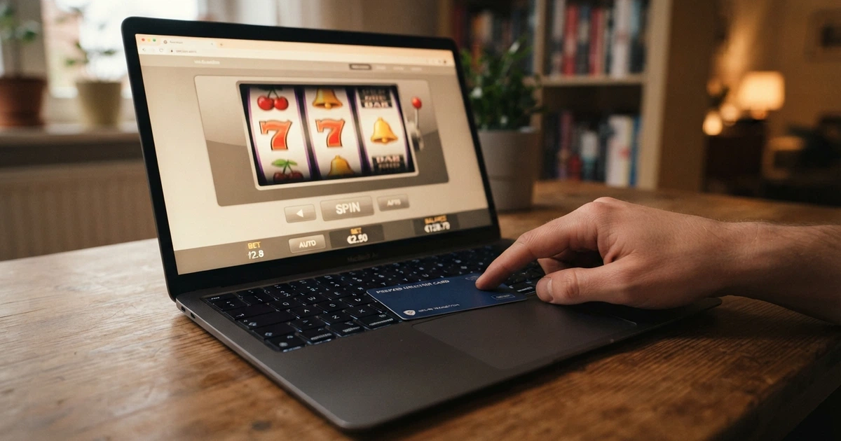 Una carta Postepay appoggiata sulla tastiera di un computer portatile con l'interfaccia di un casino online visibile sullo schermo