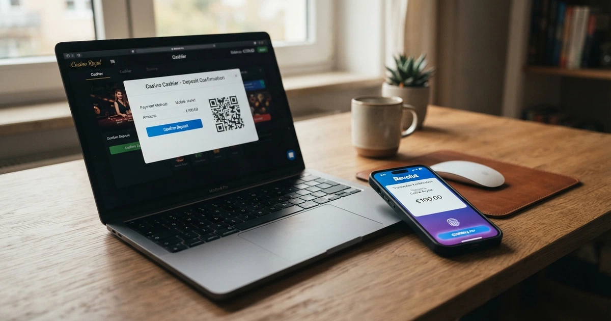 Uno smartphone con l'app Satispay aperta accanto allo schermo di un casinò online, a indicare il flusso di deposito tra i due dispositivi
