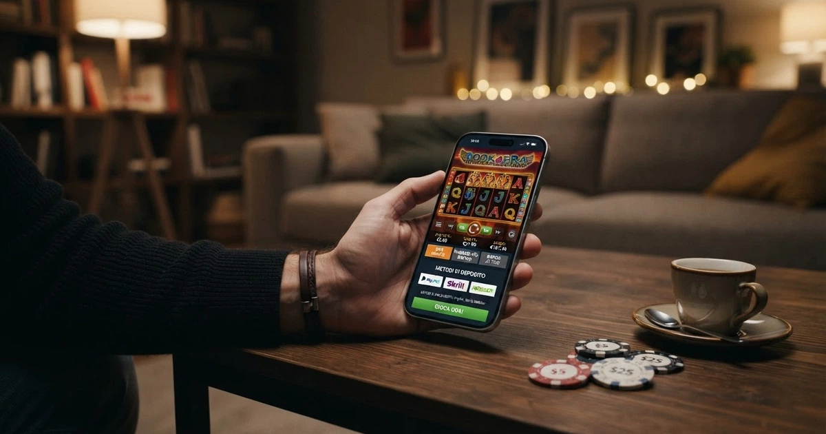 Una schermata che mostra la homepage di un casinò online con il logo di Skrill in evidenza tra i metodi di pagamento accettati, accanto alle icone delle licenze e dei provider di giochi.