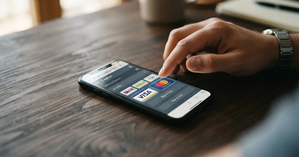 Un giocatore consulta la pagina cassa di un casinò online con il logo Visa tra i metodi di pagamento disponibili, su sfondo un'interfaccia di gioco