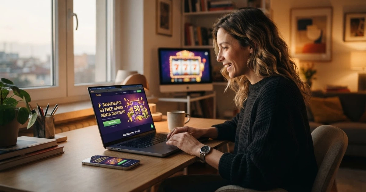 Un giocatore consulta la sezione promozioni di un casinò online sullo schermo di un computer, con l'elenco dei free spin disponibili in evidenza e una slot machine sullo sfondo