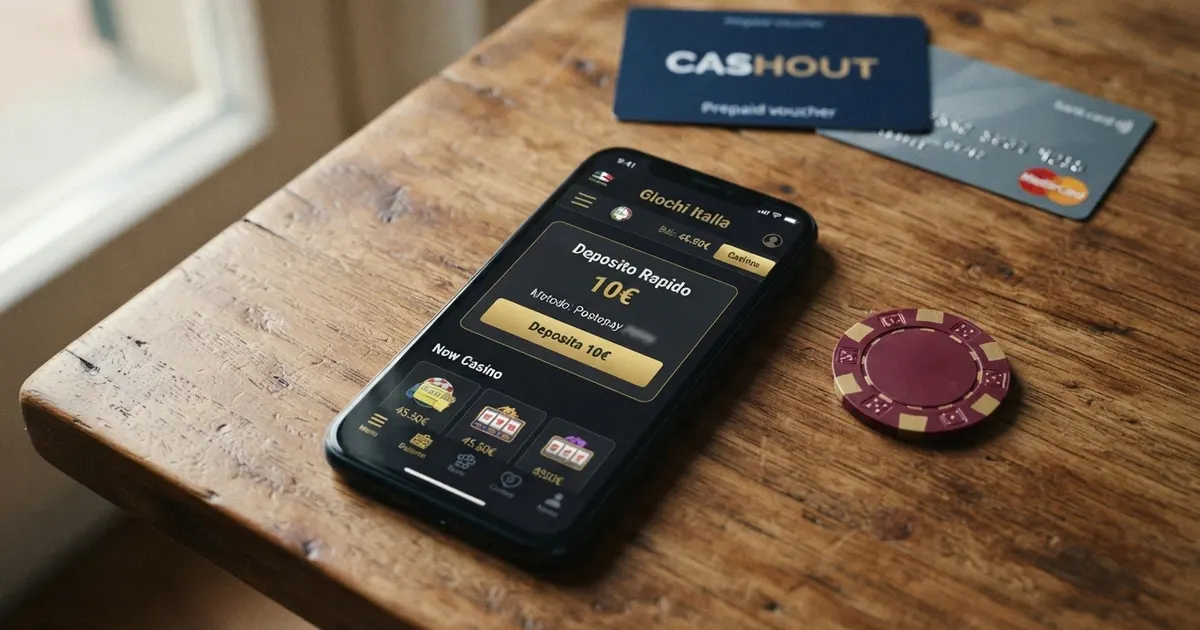 Primo piano di uno smartphone con l'interfaccia di un casinò online in italiano, il pulsante «Deposita» evidenziato e la cifra 10€ in risalto sullo schermo, sullo sfondo una carta di pagamento e un voucher Paysafecard appoggiati su un tavolo