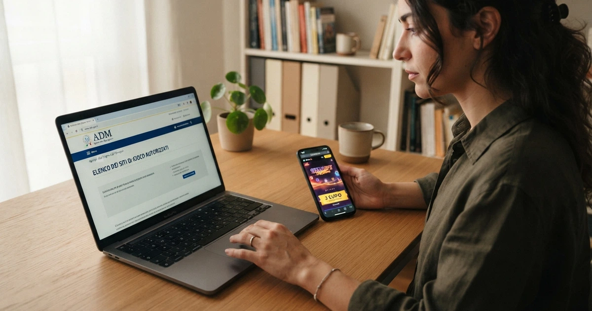Un giocatore seduto al computer confronta due schermate: a sinistra il registro dei concessionari ADM, a destra la pagina di un casinò online con la cifra «3 euro» in evidenza