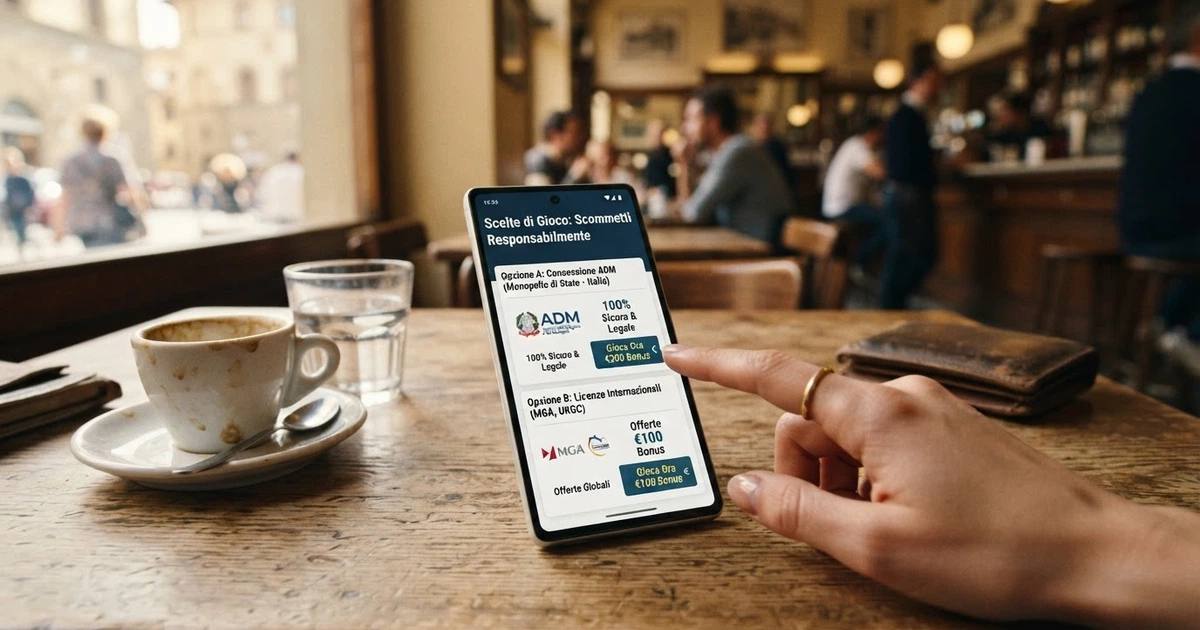 Un giocatore consulta su uno smartphone una lista di casinò online, con icone di licenze ADM e internazionali a confronto e il simbolo dell'euro in evidenza
