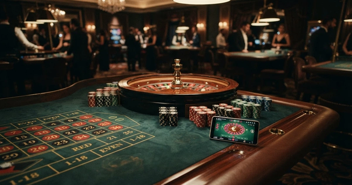 Un tavolo da roulette americana con doppio zero e fiches, affiancato da un'interfaccia di casinò online su schermo