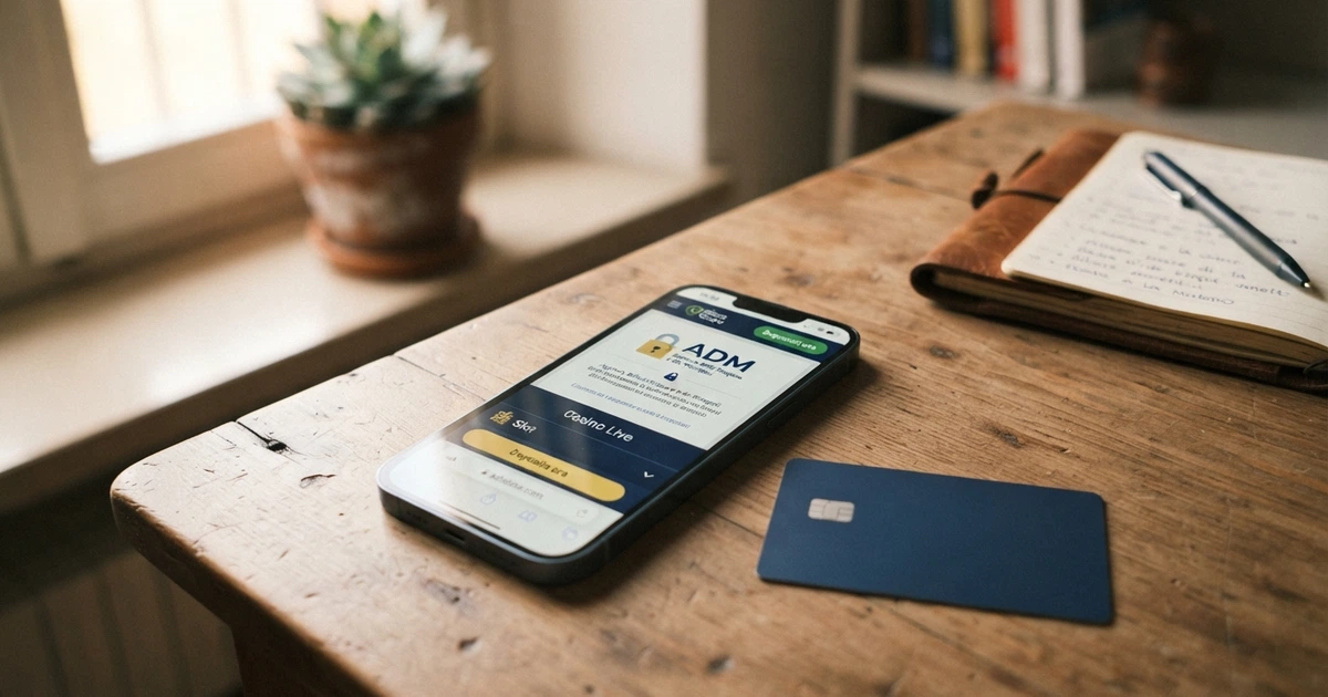 Una carta BancoPosta appoggiata su una scrivania accanto a uno smartphone che mostra la schermata di un casinò online in italiano, con il lucchetto ADM visibile nell'angolo