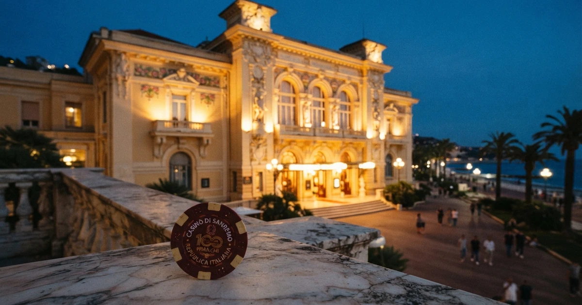 Facciata liberty del Casinò di Sanremo in Corso degli Inglesi, edificio storico con dettagli architettonici Belle Époque